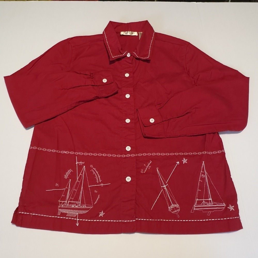 Bobbie Brooks Womens Blouse Medium Red Boats Embroidered Button Up Nautical